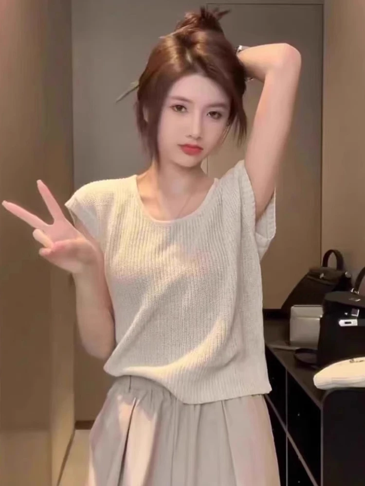 

Women's Knitted Short Sleeve T-Shirt Hollow out Base Shirt Summer Casual Style Regular Fit Soft Medium Thickness round Neck