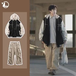 Japanese Casual Men 2-piece College Letter Printed Hooded Jacket+oversized Multi Pocket Wide Leg Pants Set Fashion Couple Suits