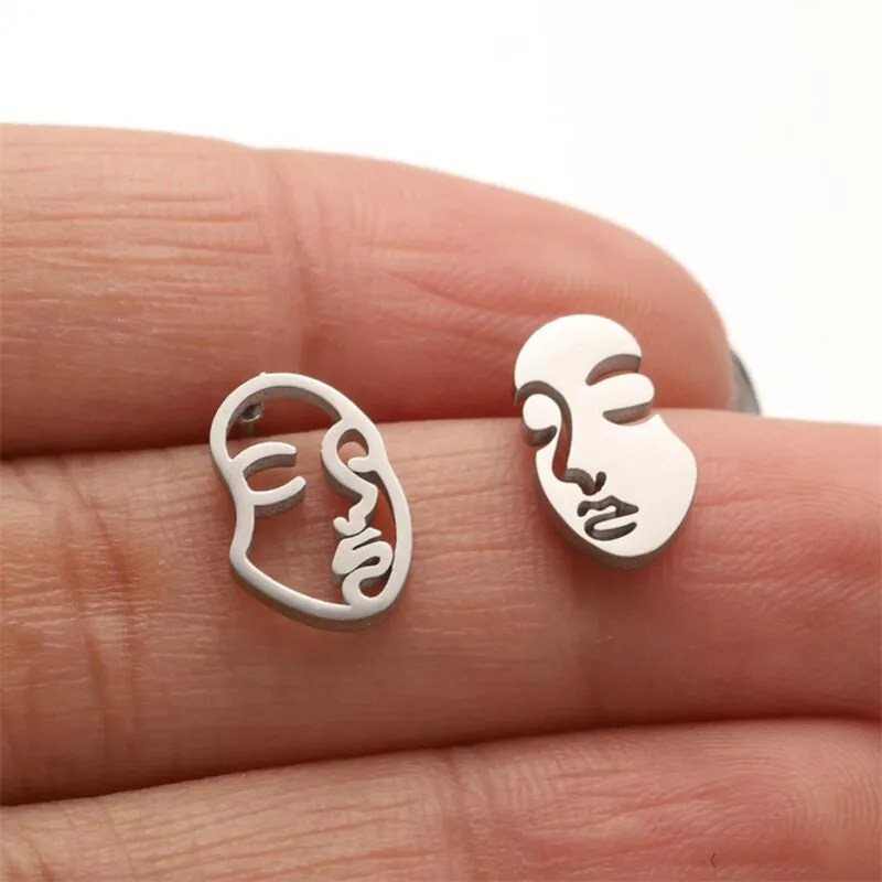 Fashion Girl Face Abstract Stud Earrings for Women Simple Human Face Asymmetry Earings Elegant Female Ear Jewelry Gifts image 5