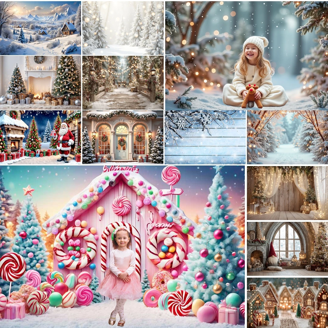 

MOON.QG Christmas Decoration Photo Background Pine Trees Candy Hoouse Window Backdrop Wallpaper Poster Photobooth Photography