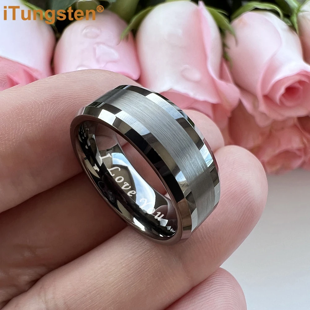 iTungsten 6mm 8mm Tungsten Carbide Finger Ring Men Women Engagement Wedding Band Fashion Jewelry I Love You Engraved Comfort Fit