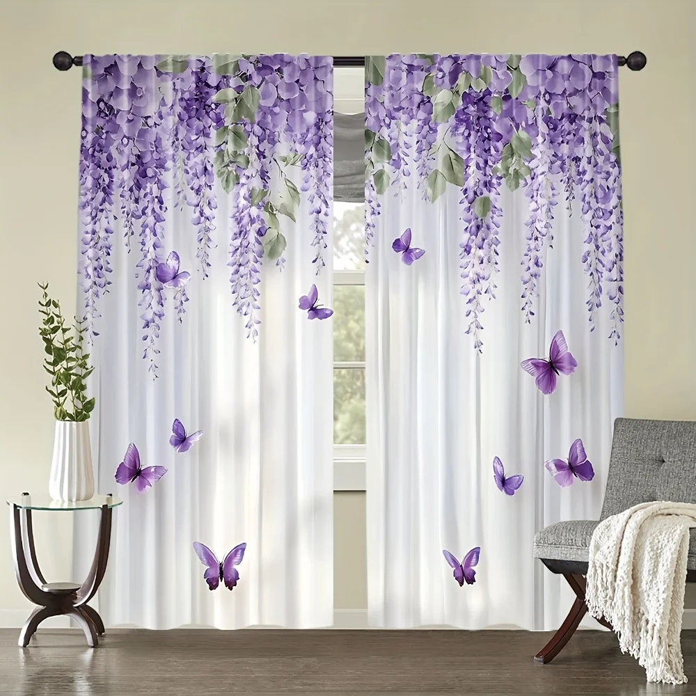 Digital Printed Curtains, Purple Mist Flower Language Pattern, Stylish Window Treatment for Living Room Bedroom Decor