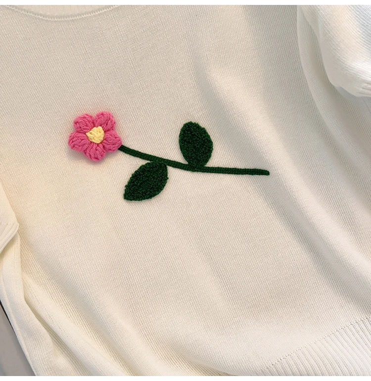 Summer Three-dimensional Flower Short Sleeve Pullover Sweater Women Knitted T-Shirt Korean Chic Sweet O-neck Knitwear Top Jumper