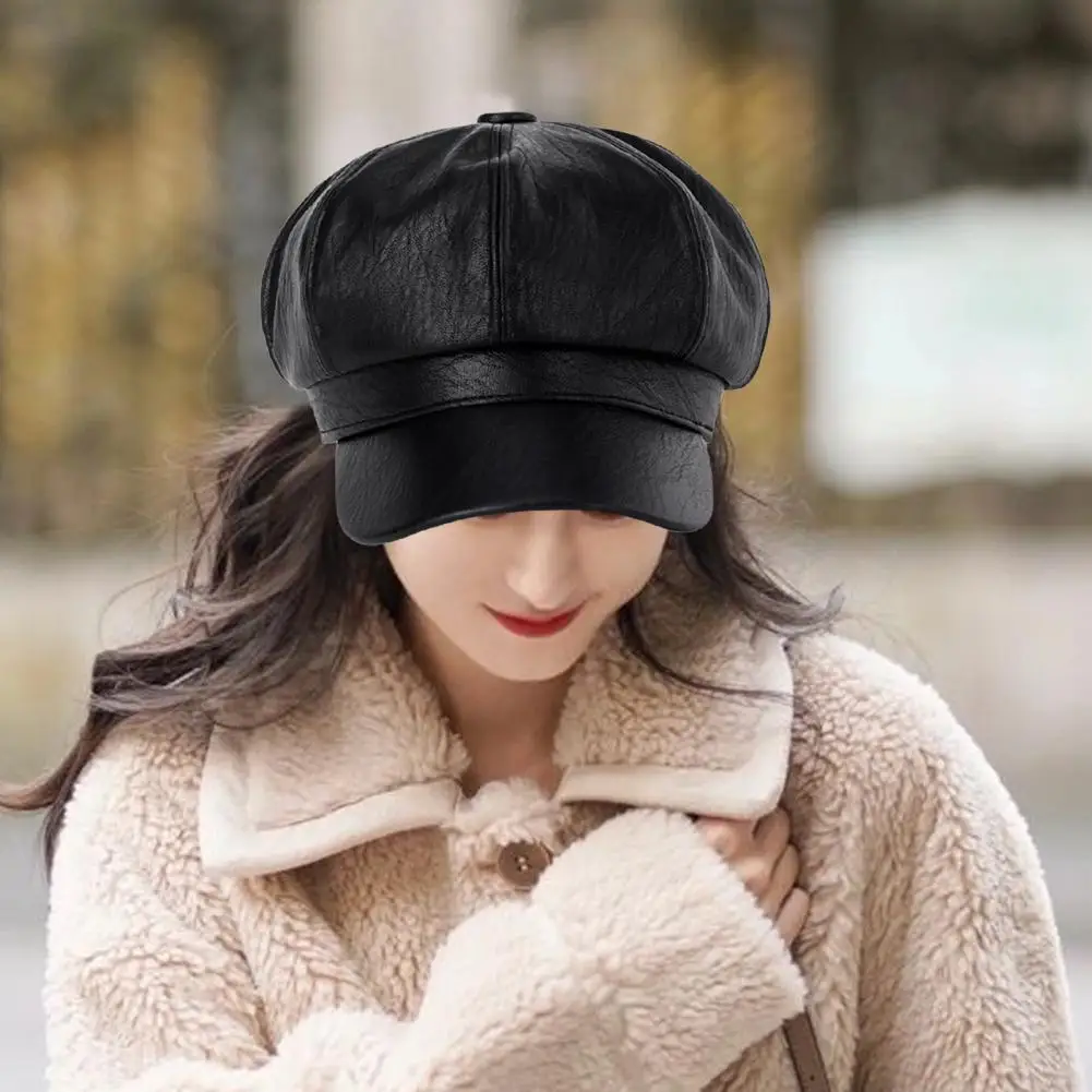 Women Warm Winter Hat Vintage Style Faux Leather Beret for Women British Octagonal Hat with Short Brim Stylish for Parties