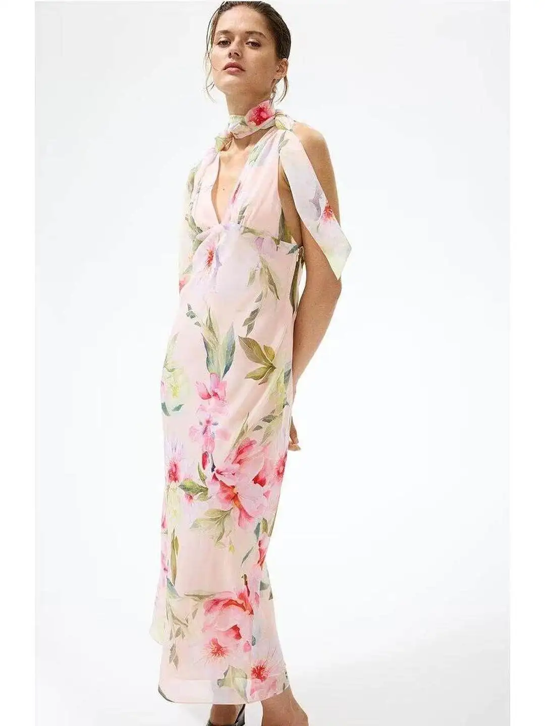 Sweet Style Scarf Decorated Straight Skirt Gown with Waist-Cinching Design Summer Holiday Fashion Women's Dress without Sleeve
