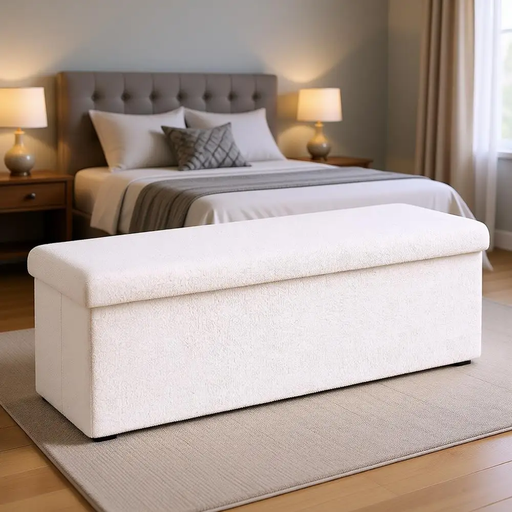 

Большая скамья-пуф для хранения вещей из шерпы, белая, 43,3 x 15 x 15 дюймов, для прихожей и гостиной