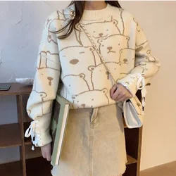 POCZCIY Women Loose Cashmere Pullovers Bear Printed Cute Sweater Long Sleeve Bandage Jumpers Knit Casual Sweater Autumn Winter