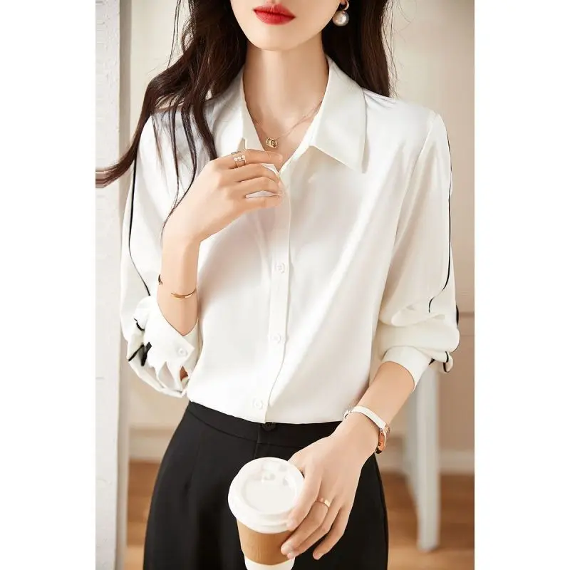 2023 New Spring Fashion Solid Color Polo Contrast Line Design Button Long Sleeve Temperament Commuter Loose Women\'s Shirt