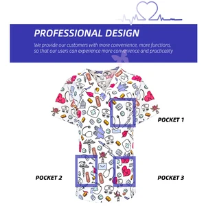 V-Ausschnitt-Pflegeuniformen mit Zahndruck für Krankenhausarbeit, Bluse für Zahnklinik, Arzt, Krankenschwester, Kurzhülsen, Peeling-Tops 6 Hauptverkäufe nach der Operation - №3