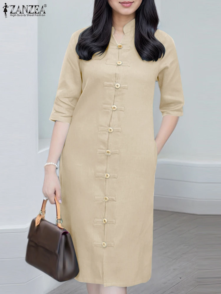 Elegante abito a metà polpaccio Vintage tinta unita vestito estivo estivo Stand Neck Robe 2025 ZANZEA Casual OL bottoni da lavoro manica 3/4 Vestido