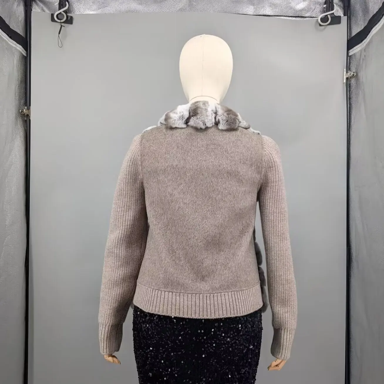Real Rex Rabbit Chinchilla Fur Coat Knit Sleeve Back Women Winter Daily Outerwear 250409
