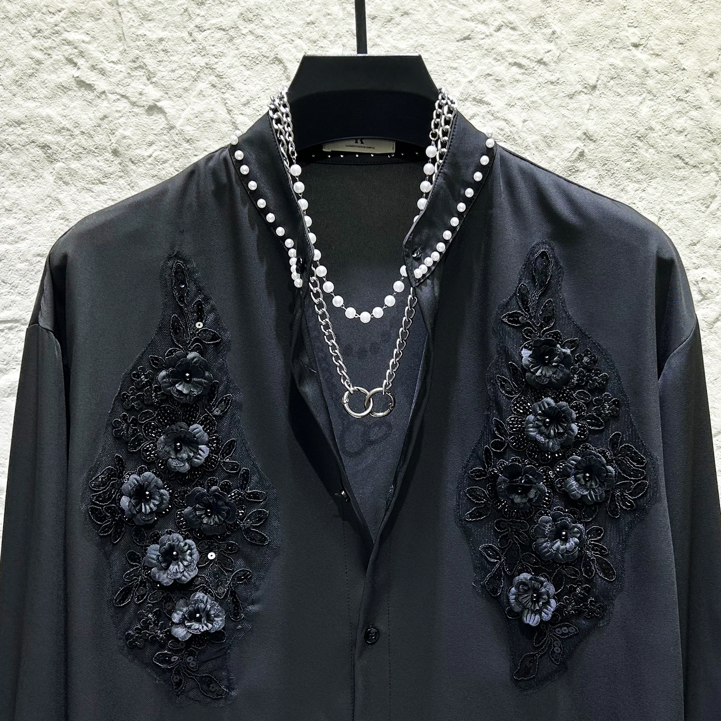 Embroidery 3D Flower Nail Bead Round Neck Shirt Men's Casual Social Long Sleeve Shirt Nightclub Party Stage Performance Clothing