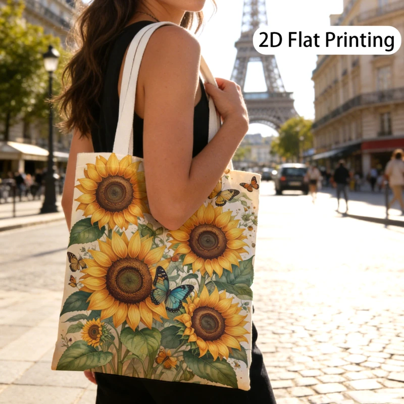 1pc Sunflower & Butterfly Themed Printed Tote Bag, Reusable Shopping Bag, Suitable for Daily Use, Shopping, School, Travel,