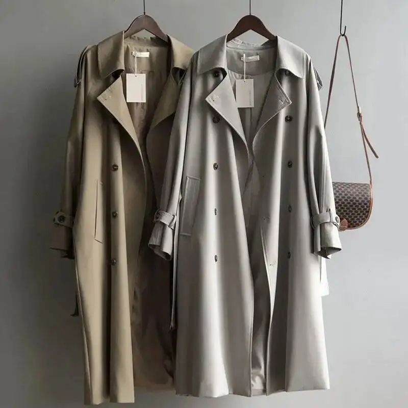 Windbreak Women's Mid Length Trench Coat Elegant British Style Versatile Drape Waist Cinched Fit Petite French Casual Overcoat