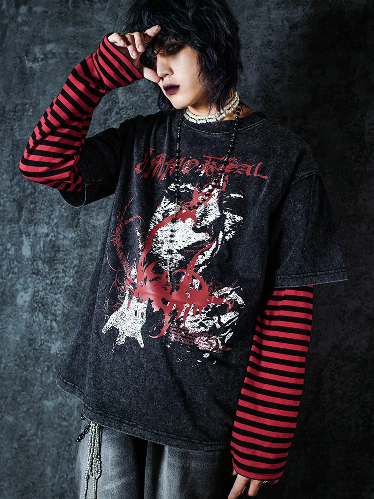 Summer New Dark Gothic Subculture Men's Character Print Vintage Black Short Sleeve T-Shirt with Striped Inner Layer
