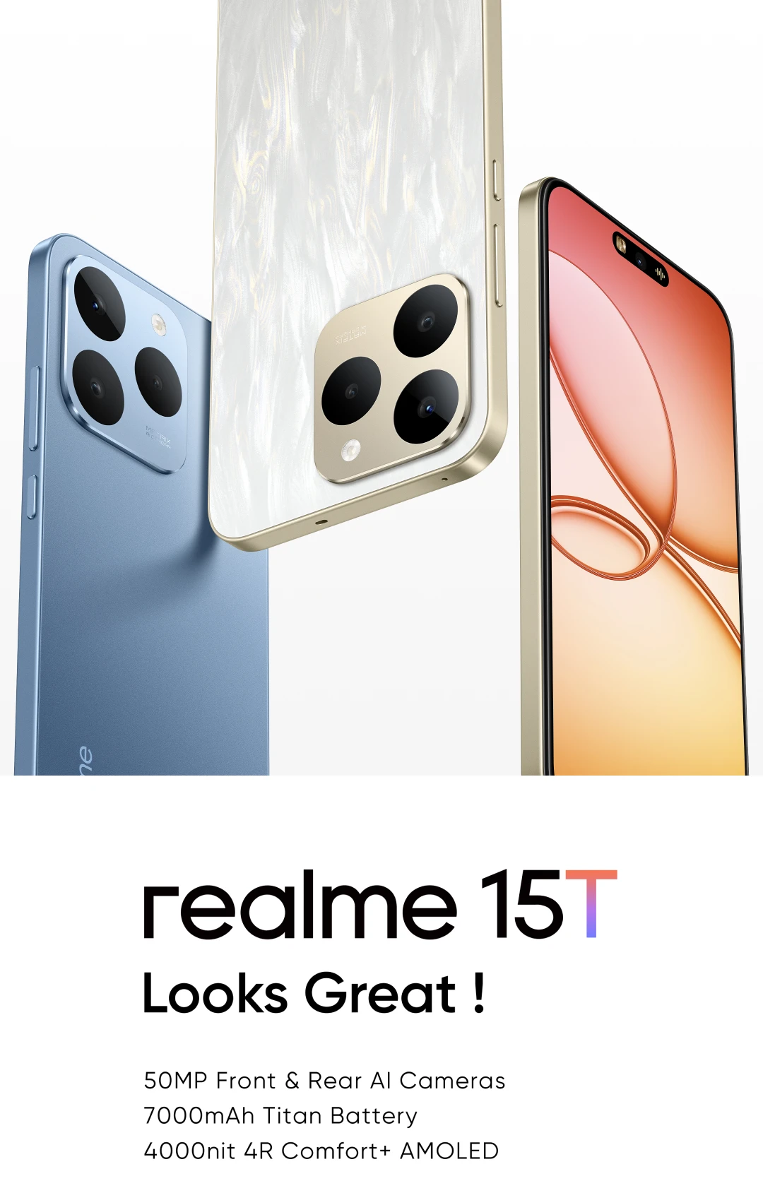 realme 15T 5G Smartphone NFC Dimensity 6400 Max Chipset Dual 50MP Cameras 6.57" 120Hz AMOLED Display 7000mAh Battery 60W Charge