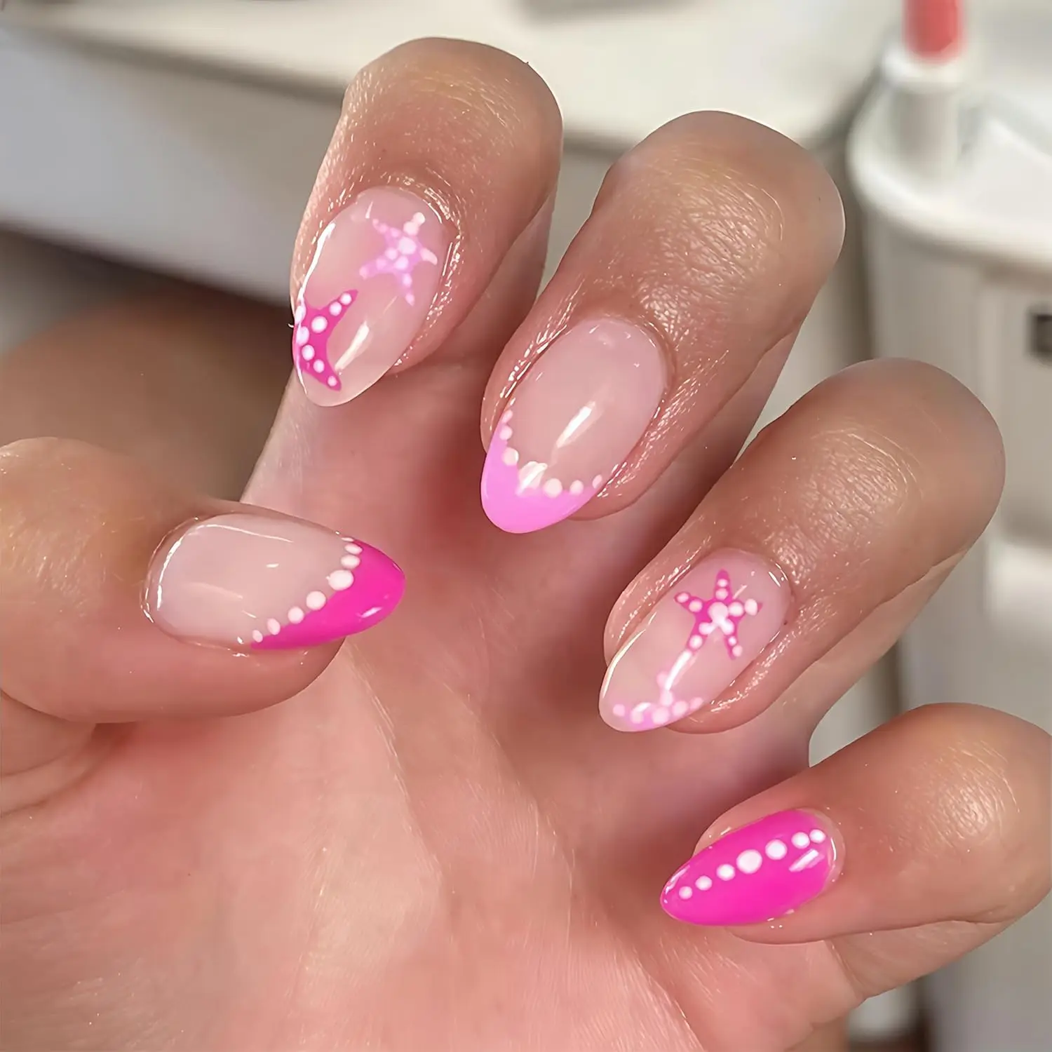 French Tip Press on Nails Short Almond Nails Press ons Pink Starfish Acrylic Nails Pink Summer False Nails Beach Starfish