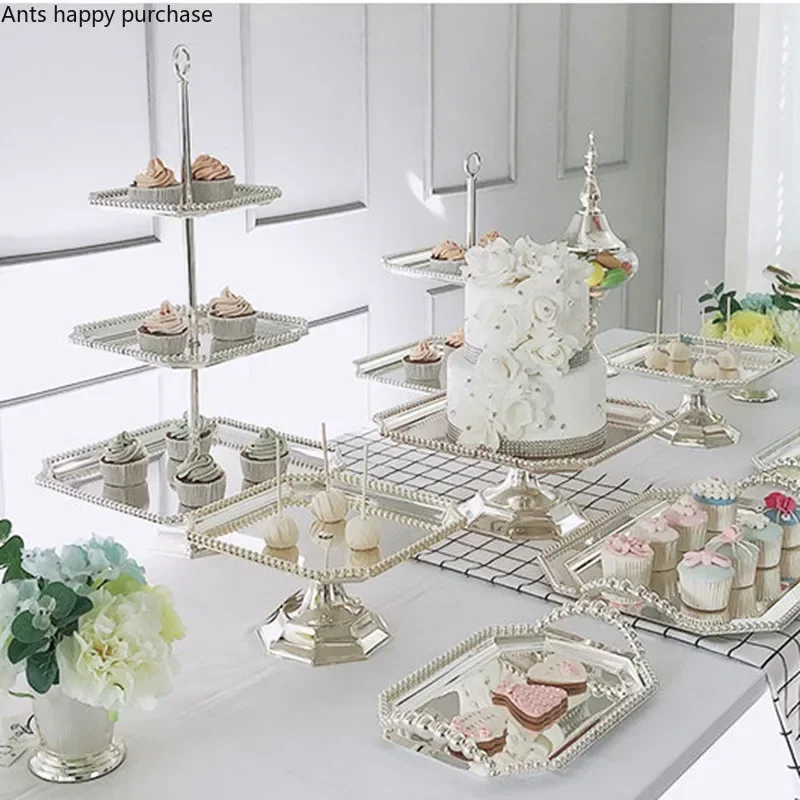 Dessert Table Metal Decorative Display Rack Glass Candy Jar Silver Pearl High Foot Cake Pan Dessert Plate Storage Tray Vase