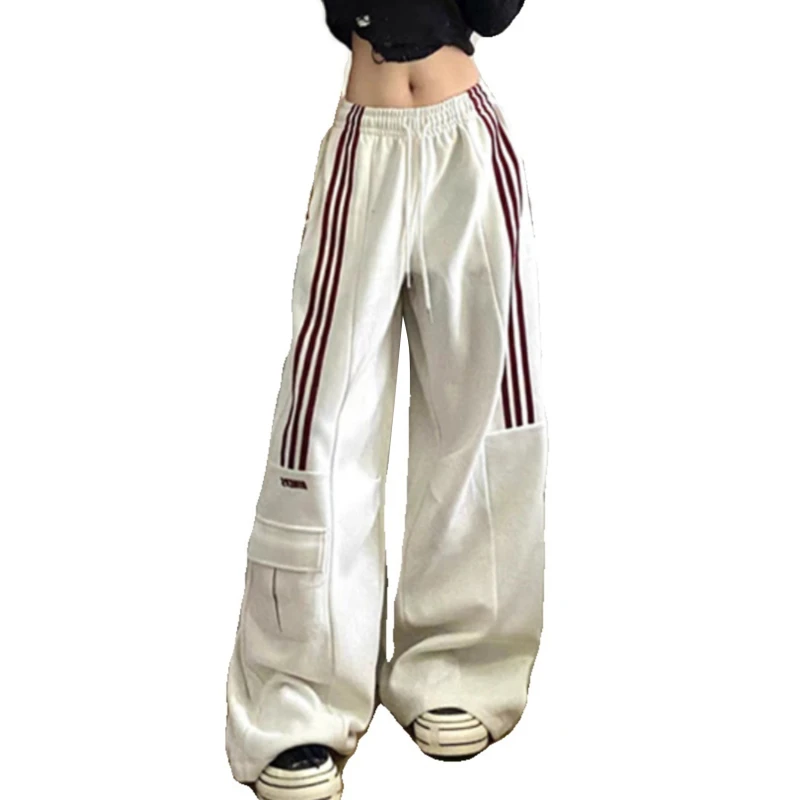 American Retro Lazy Style Wide Leg Pants Women Solid Stripes Elastic High Waist Drawstring Loose Casual Straight Sports Trousers