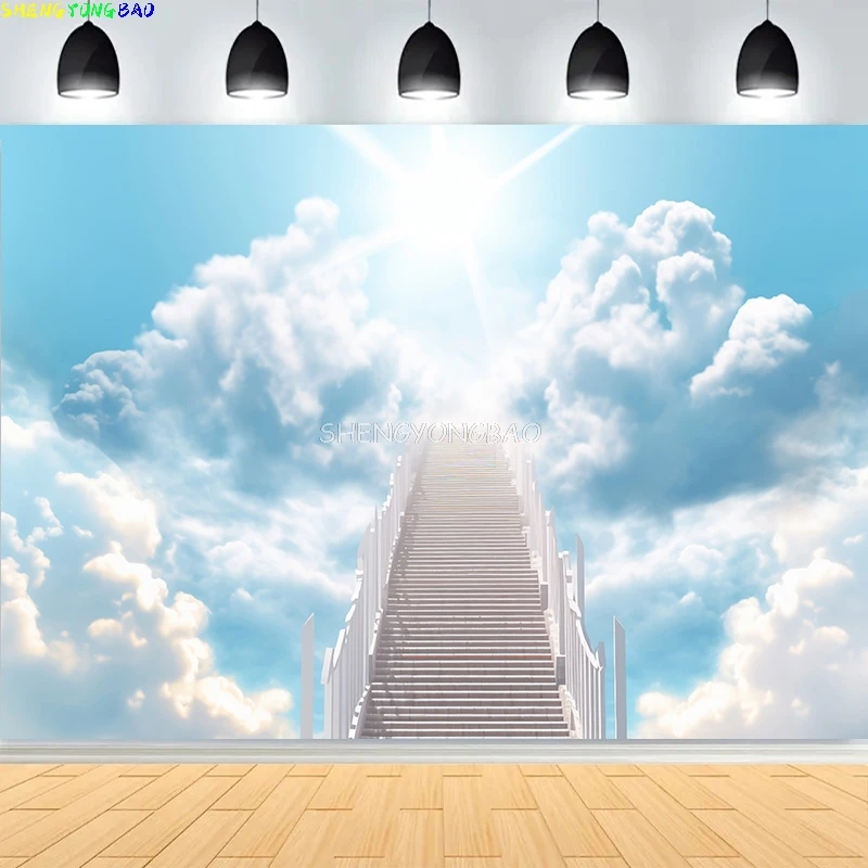 Radiant Sun Rays บันได Vivid Rainbow Blue Sky การถ่ายภาพฉากหลังเมฆสีขาวบันได Heaven Path ภาพพื้นหลัง KY-07