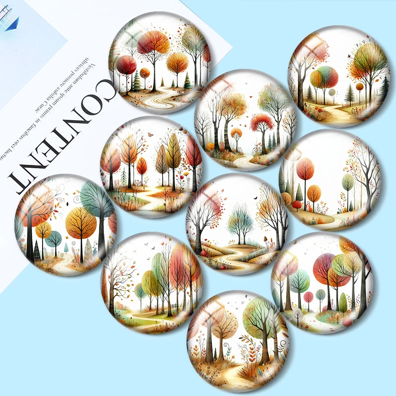

Primitive Fall Trees 12mm/18mm/20mm/25mm glass cabochon bracelet pendant rings for jewelry demo earrings back Making findings