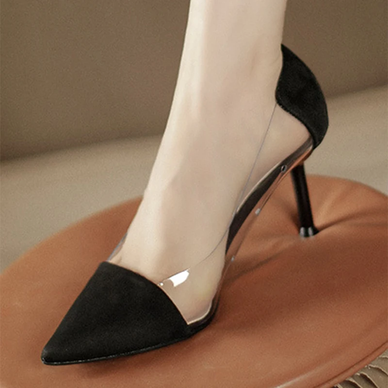 Pure color suede stitching high-heeled shoes temperament new pointed thin heel high-grade sense of transparency