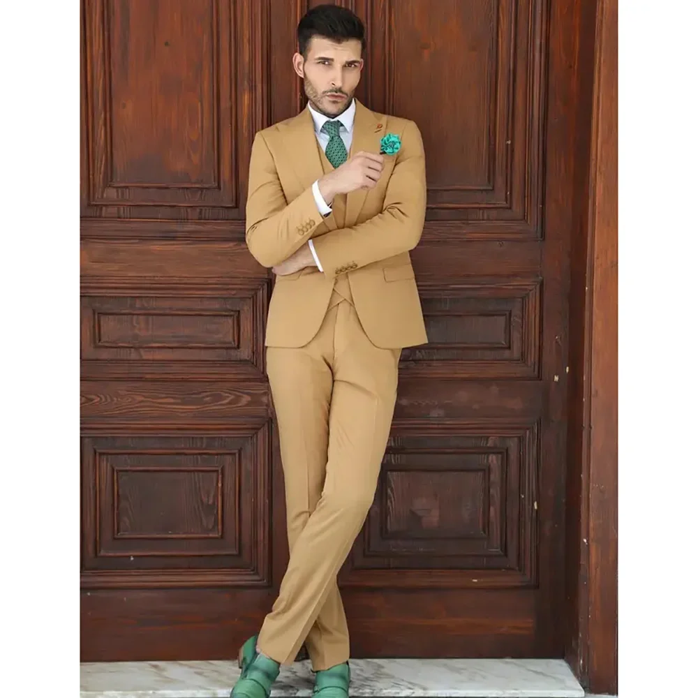 

Однобортный мужской костюм цвета хаки с лацканами, однотонный костюм по индивидуальному заказу, мужской облегающий костюм из 3 предметов, элегантный жакет и брюки, жилет