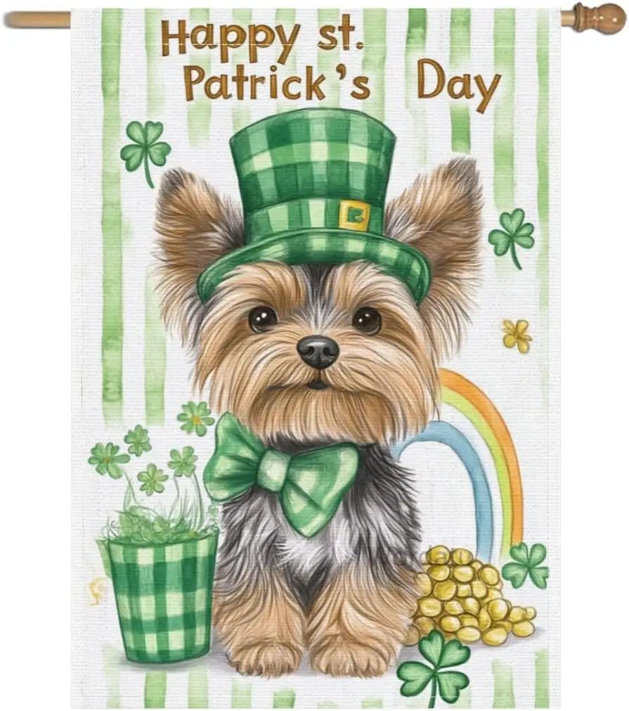Welcome St. Patrick's Day Yorkie Garden Flag 28x40 Double Sided Burlap Small Spring Yard Shamrock Clover Sign for Home O LLX PPM