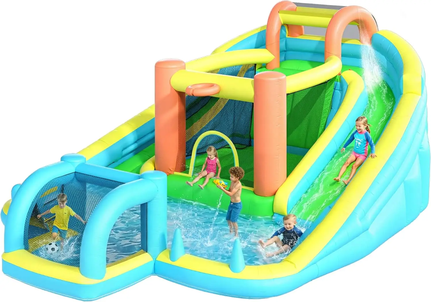 Kids Inflatable Bounce House with Dual Slides, Bouncy Castle with Blower, Water Cannon, Soccer Goal, Rock Wall, Basketball Hoop - Backyard Water Park Fun for Children