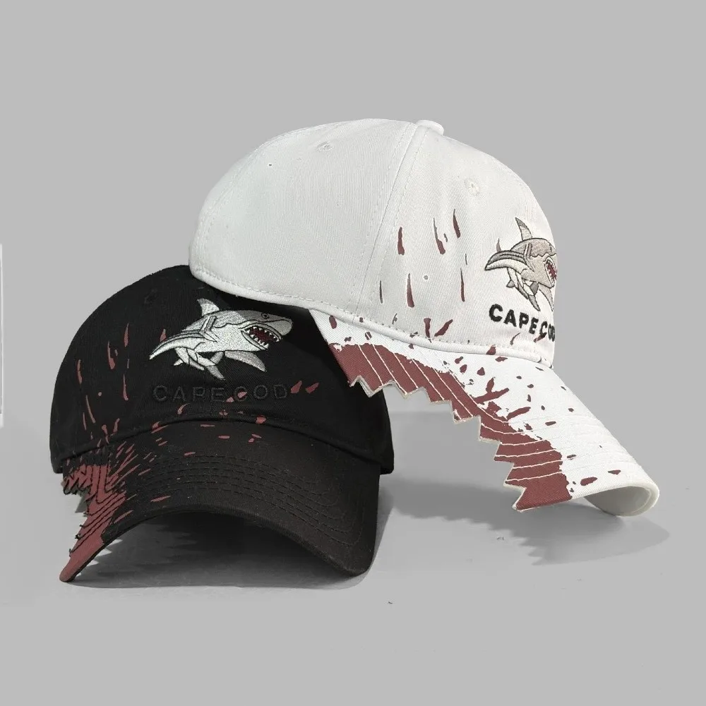 Chomped Brim Design Shark Bite Cap Vibrant Fabric Paint Animal Embroidery Embroidered Baseball Hat Adjustable Metal Buckle