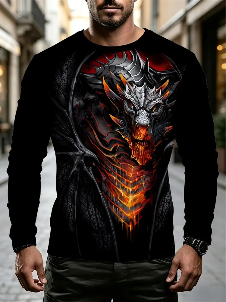 Men's Dragon Long Sleeve T-Shirt Red Black Fire Graphic Tee Fantasy Mythical Beast Streetwear Pullover Tops Gift New 2026