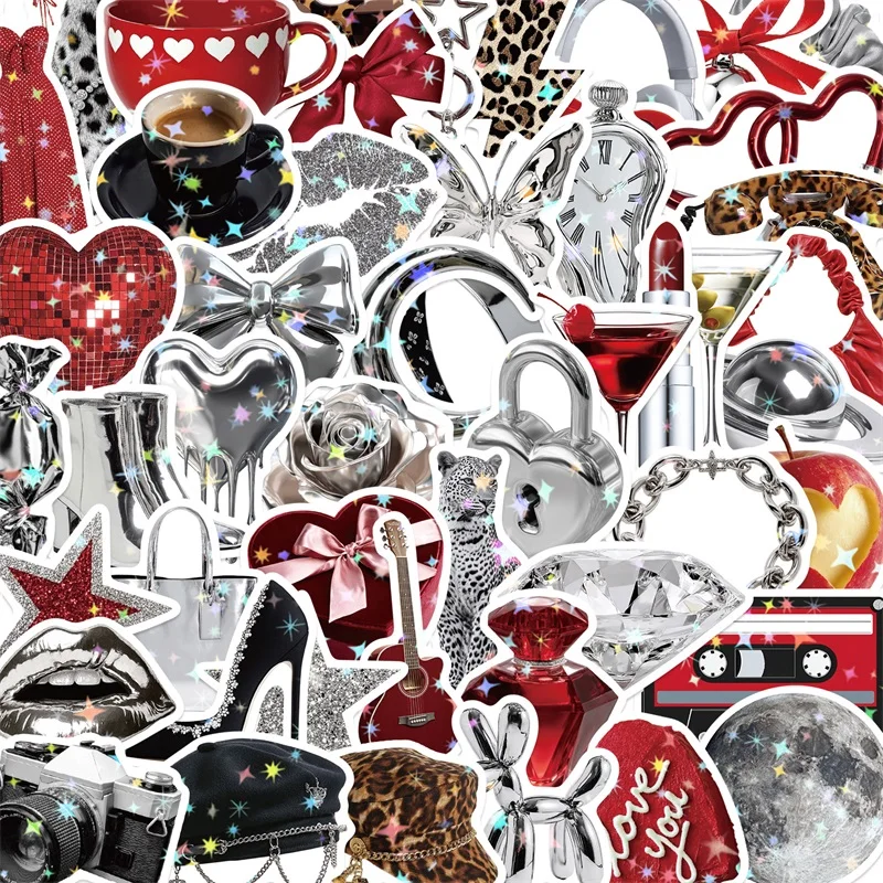 10/30/50PCS Cartoon Silver Red PVC Sticker Aesthetic Colored Decoration Scrapbooking Stationery Supplies DIY Hand Accounting