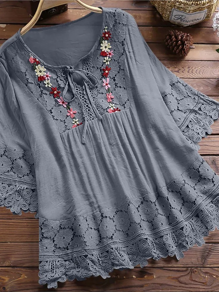 Summer Women Casual Solid Tops Shirt Cotton And Linen Stitching Lace Flower V-neck Loose Top Blouse New Elegant Holiday Shirts