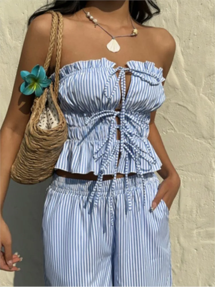 

Повседневный новый комплект из 2 предметов без рукавов на шнуровке для отпуска, модные брюки с карманами, полосатый топ с принтом, жилет с широкими брюками, летний костюм