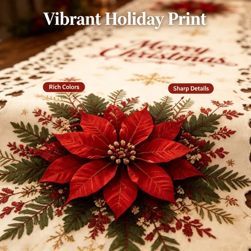 Merry Christmas 1Pcs Table Runner Hollow Lace, Edge Laser Cut Christmas, Print Dining Table Cloth Xmas, Party Home Decor Gift
