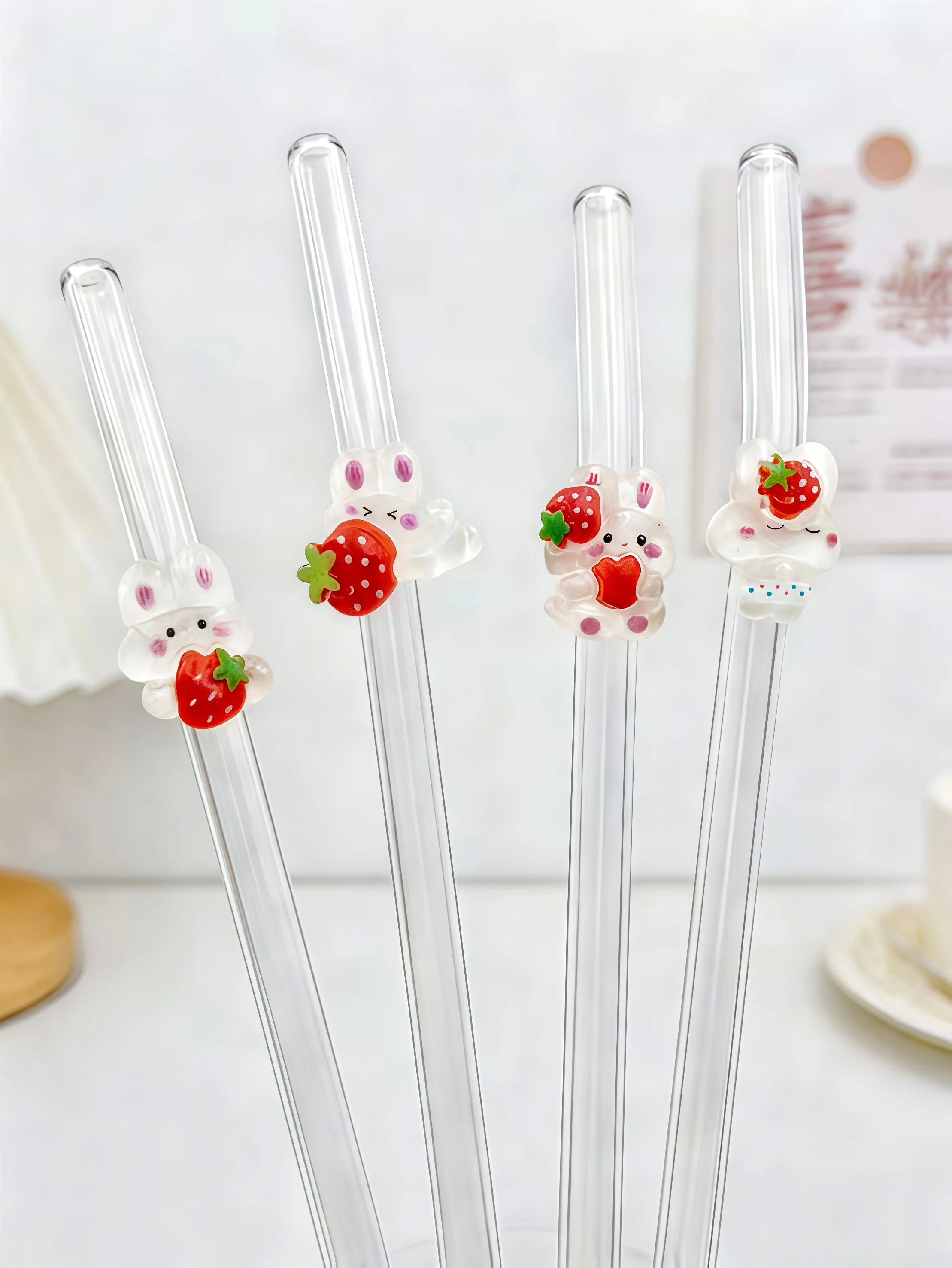 1/5pcs Strawberry Rabbit Decorated Glass Straw, Perfect for Drinks, Bendy Straw, Back-To-School Gift, Christmas Present