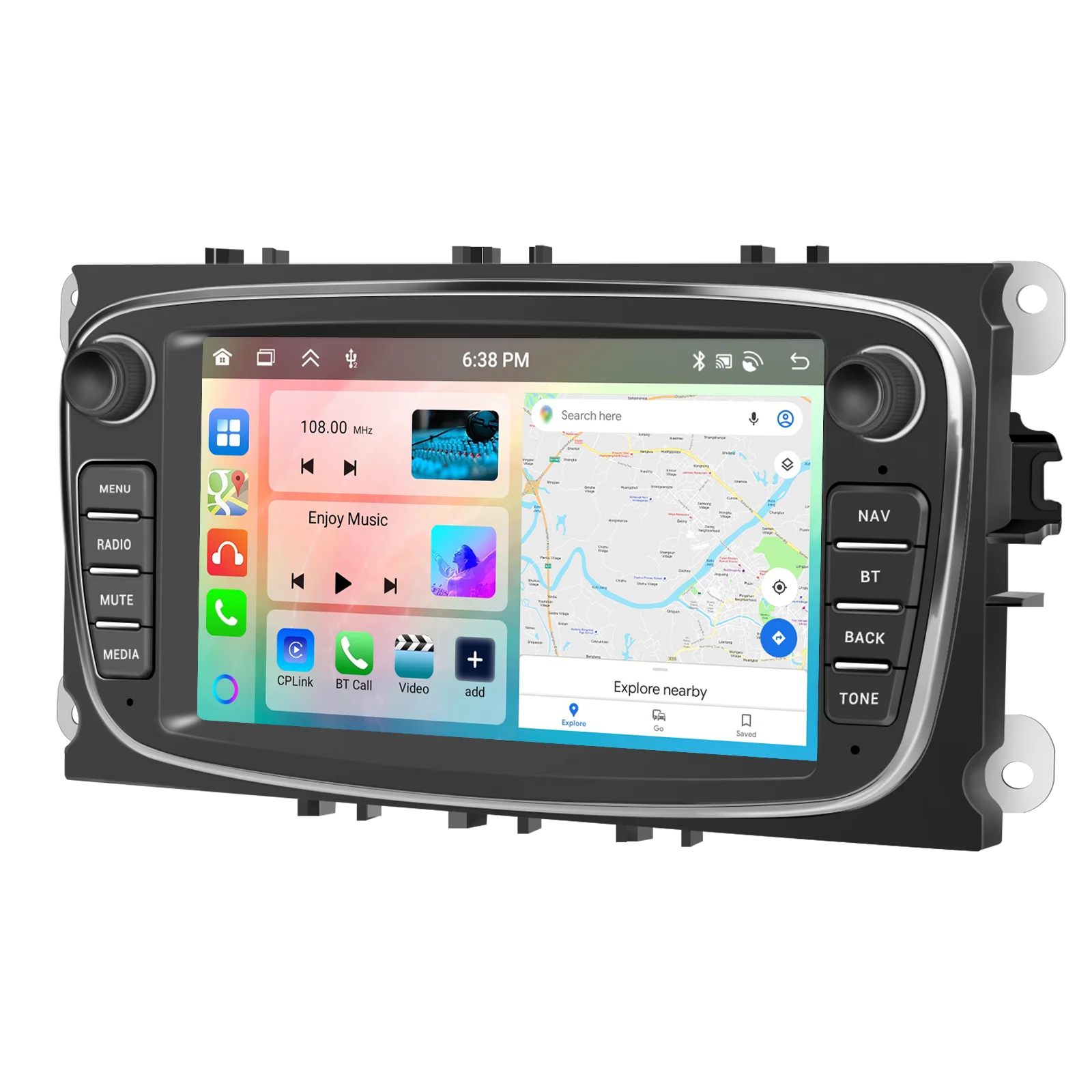 Podofo 7-Zoll Auto-Radio für Ford Focus Mondeo C-MAX S-MAX Galaxy II Kabelloses CarPlay Android Auto-Multimedia-Stereo WIFI GPS-Navigation FM/RDS BT 2din Haupteinheit HD EQ Touchscreen Mirrorlink Wifi