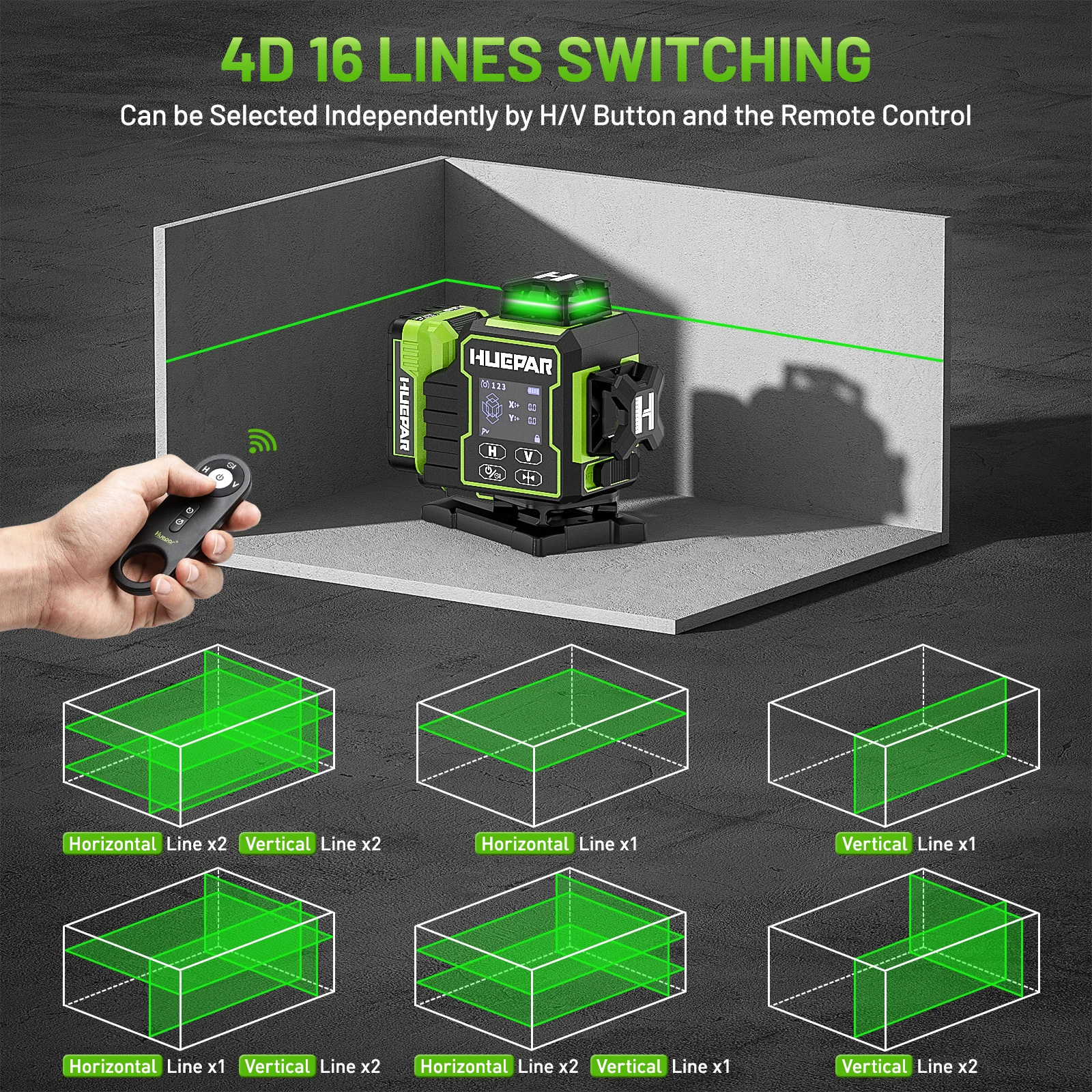 Huepar W04CG 4D 16 Lines green beam self-leveling laser level with Remote Control& bluetooth control