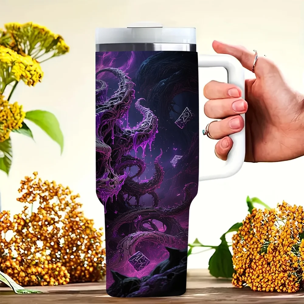 40oz Stainless Tumbler with Handle & Cool Purple Skull Tentacle - Suitable for Hot/Cold Drinks, for Office, Travel, Camping, for All- Use, Hot Transfer Print for /Beer Festival