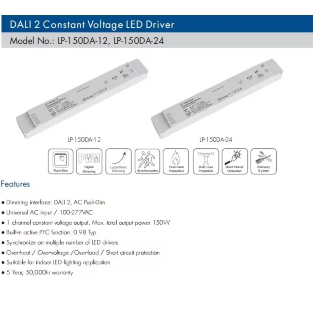 NEW 150W DALI Constant Voltage LED Driver 12VDC LPV-150DA-12/ 24VDC LPV-150DA-24 for Single Color Led Light Dimmer Power Supply