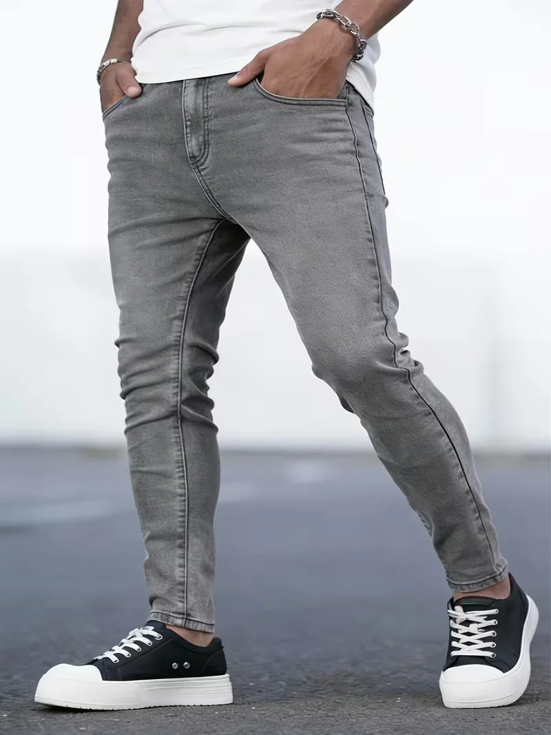 Fashion Men'S Gray Stretch Jeans, Solid Easy Design, Comfortable And Versatile, Suitable for Daily Casual Wear, All-Season Use, Essential Item