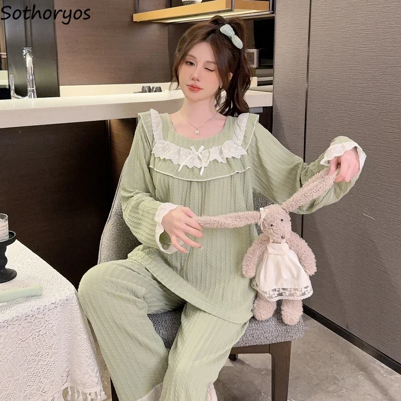 4 Colors Pajama Sets Women Spring Autumn Soft Loose Casual Lace Patchwork Tender Korean Fashion Girls Home Sleepwear All-match