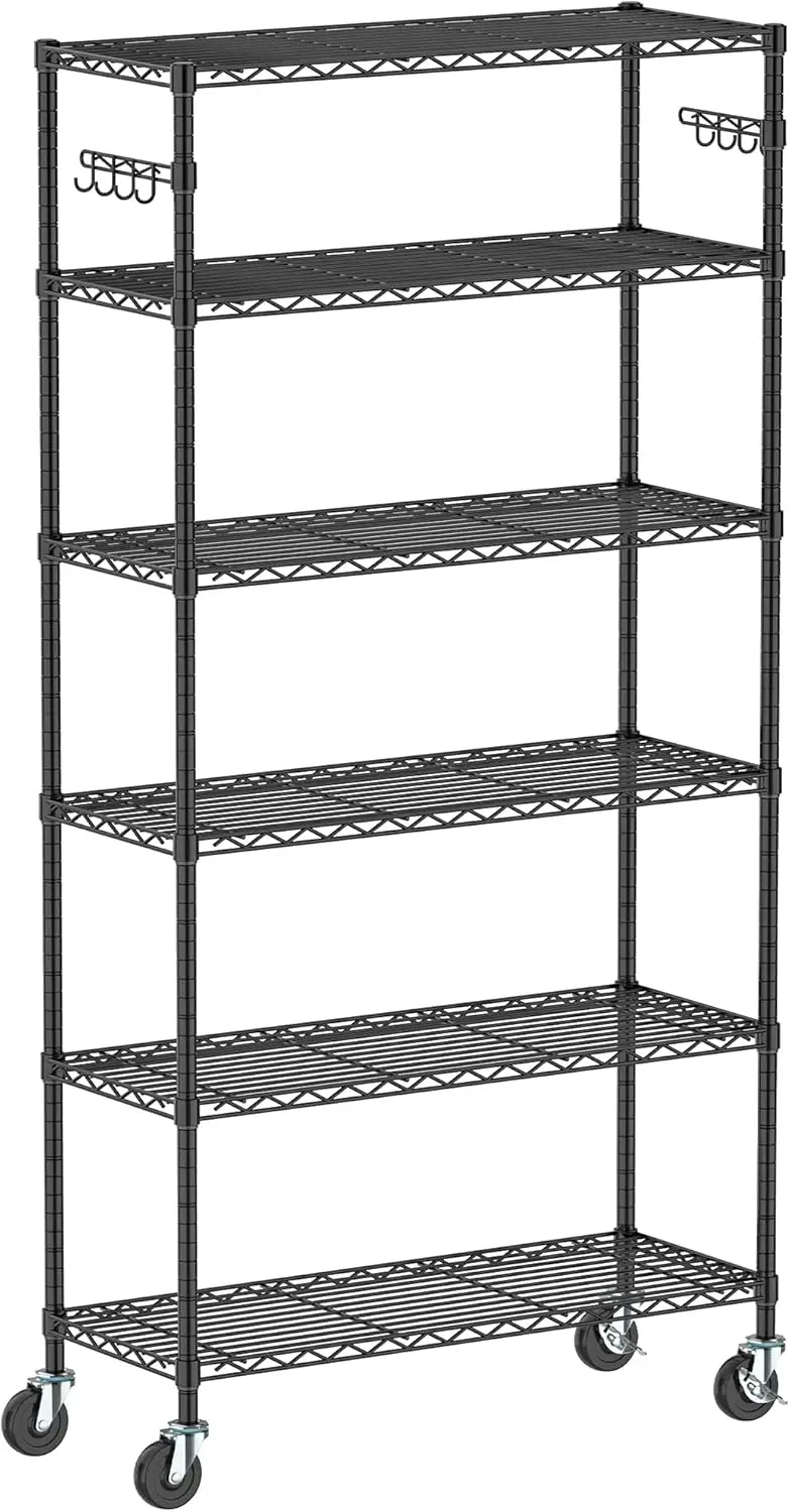 6-Tier Wire Shelving Unit with Wheels, Metal Storage Shelves Adjustable Layer Storage Rack Organizer Steel Utility Rolling