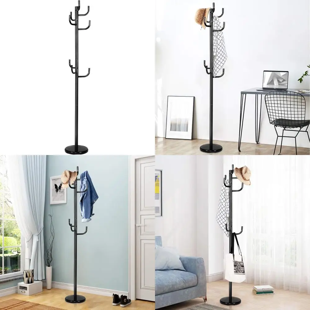 رف معطف معدني قائم بذاته مع حامل قبعة وحامل مظلة وخطافات باللون الأسود #1