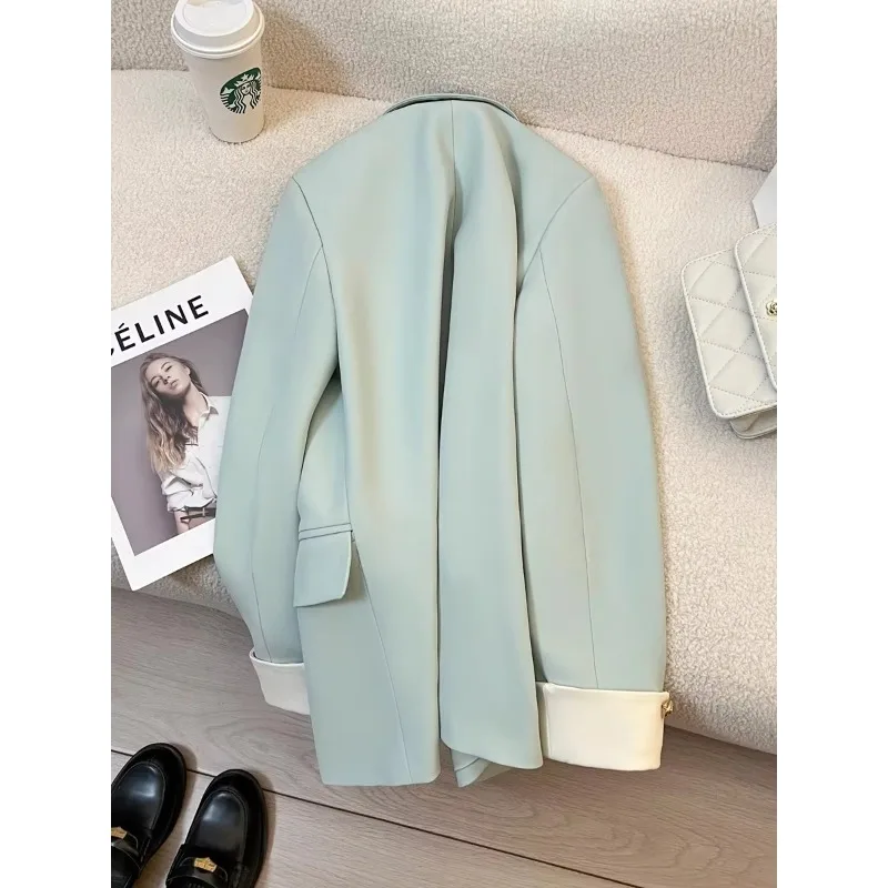 UNXX Spring Autumn Retro Casual Long Sleeved Contrast Curled Edge Blazers Commuting Solid Loose Double Breasted Coats Women's