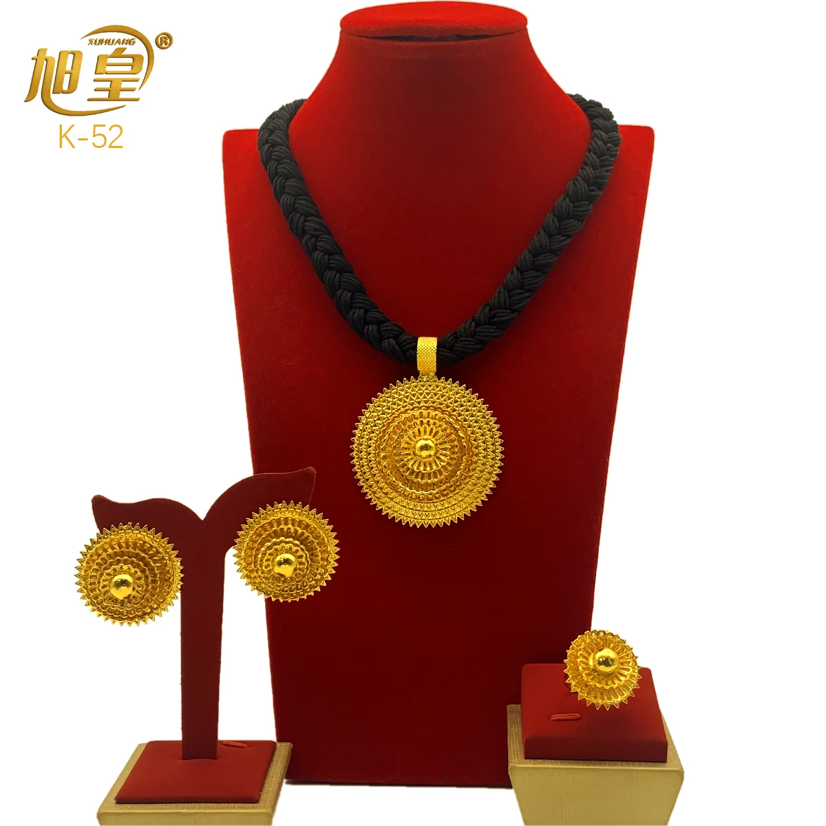 Ethiopian Black Rope Necklace Earrings Jewelry Set For Women Dubai 24K Gold Plated Indian African Bridal Wedding Party Jewellery
