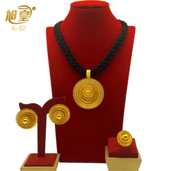 Ethiopian Black Rope Necklace Earrings Jewelry Set For Women Dubai 24K Gold Plated Indian African Bridal Wedding Party Jewellery