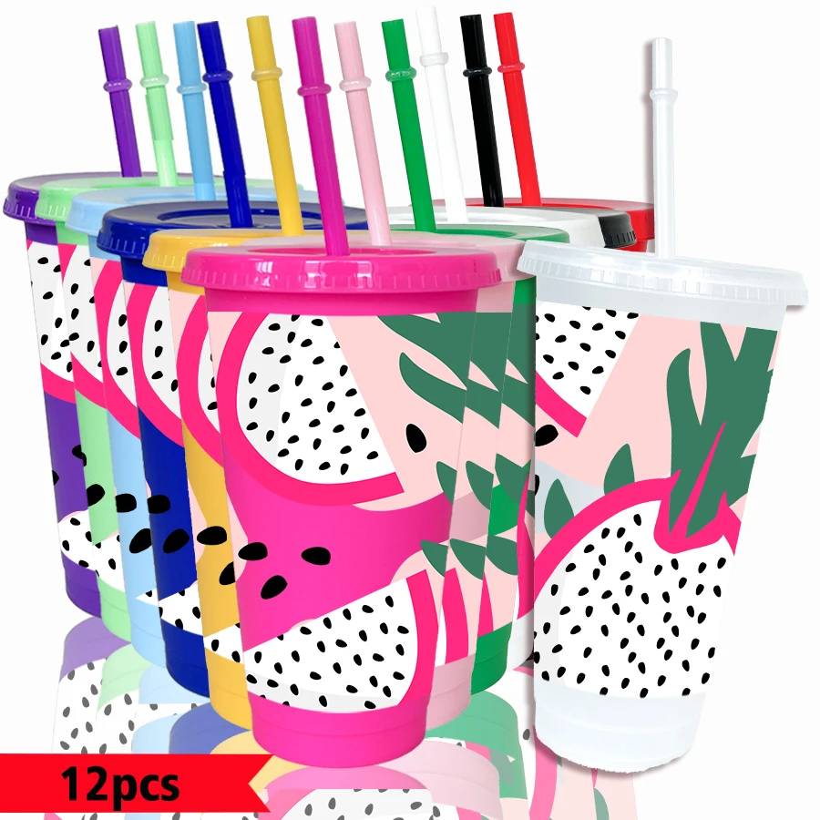 12pcs-pack-pitaya-green-leaves-speckled-patterns-26oz-colored-plastic-party-cold-drinks-for-back-to-school-birthday-gifts