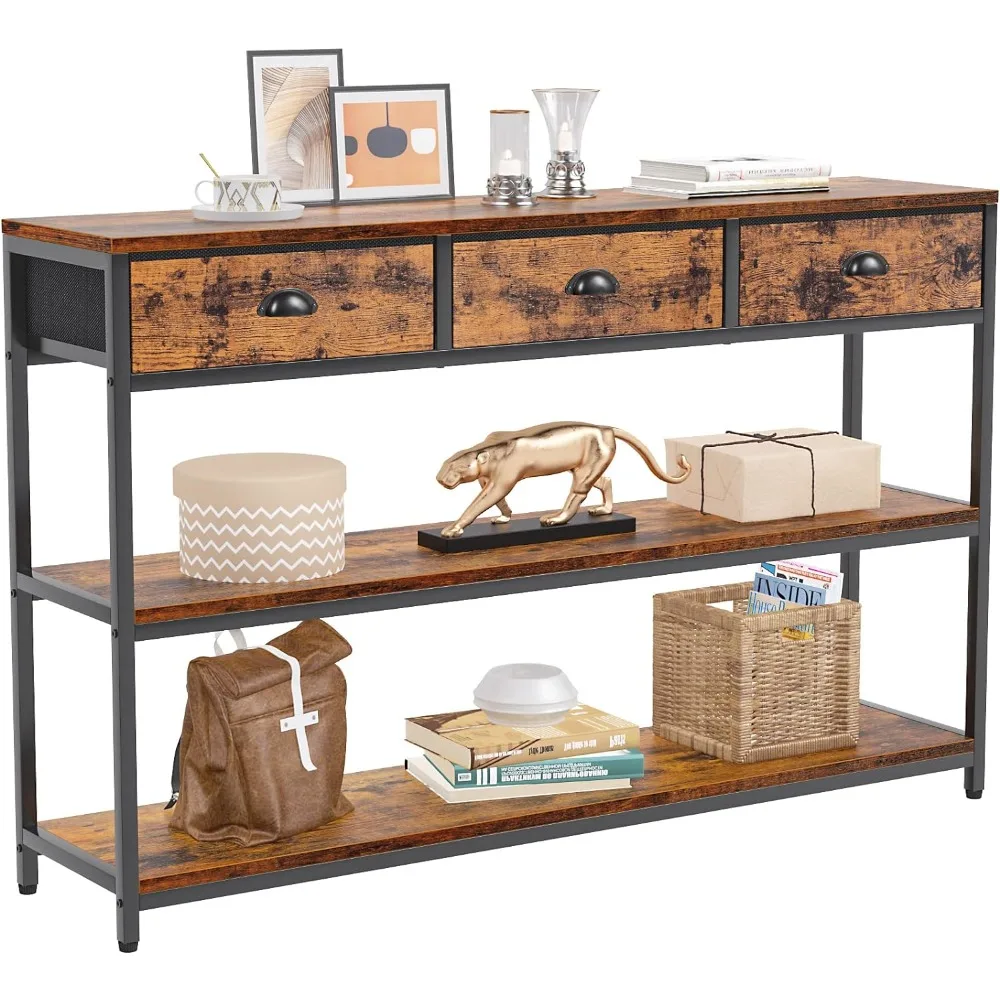 

Long 47" Console Sofa Table with 3 Drawers, Entryway Table with 3-Tier Storage Shelves, Industrial Display Shelf for Entry Way