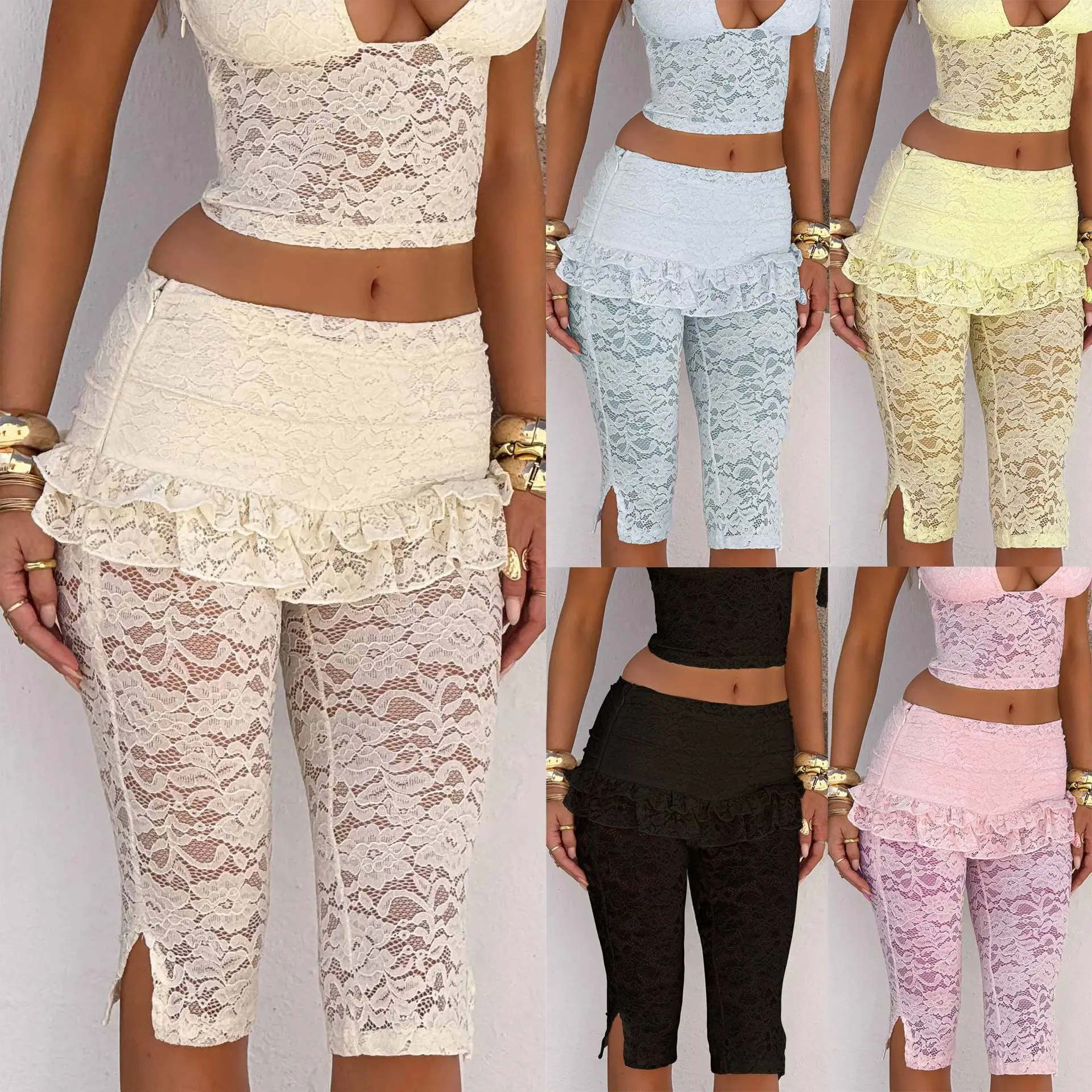 Pink Floral Lace Cropped Pants Ruffle Skirt Overlay High Waist Split Hem Sheer Slim Leggings Party Club Bottoms 4YTW